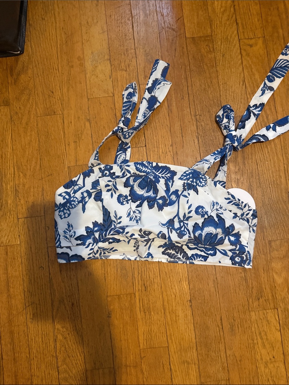 SHEIN Blue and White Floral Tie-Strap Crop Top